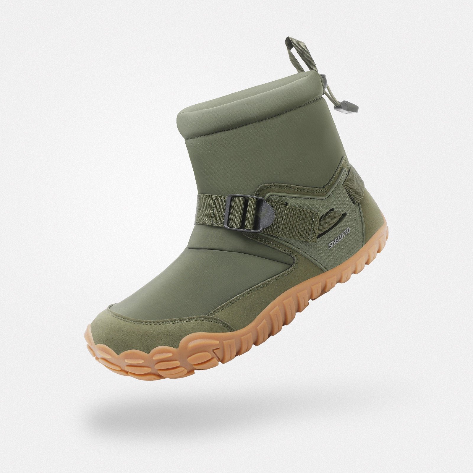 Saguaro Puffer I — bota barefoot de invierno acolchada verde oliva
