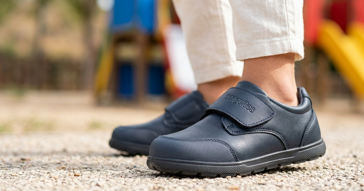 Niño con los zapatos colegiales barefoot Conguitos Blucher Goflex azul marino en un patio de colegio