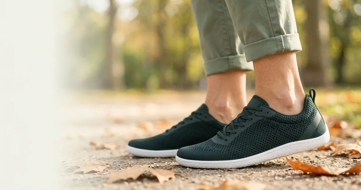 Zapatillas barefoot Feelgrounds Original de Feelgrounds, con puntera ancha y suela plana de 4 mm, en una calle a la luz del día.