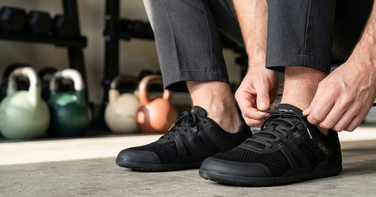 Zapatillas barefoot Xero Prio Neo de Xero Shoes, con puntera ancha y suela plana de 5.5 mm, en una calle a la luz del día.