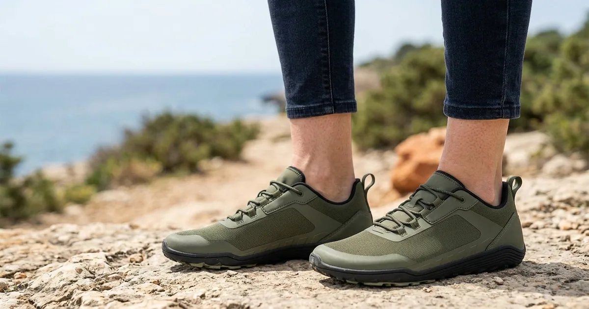 Zapatillas barefoot Feelgrounds Ranger de Feelgrounds, con puntera ancha y suela plana de 5 mm, en una calle a la luz del día.
