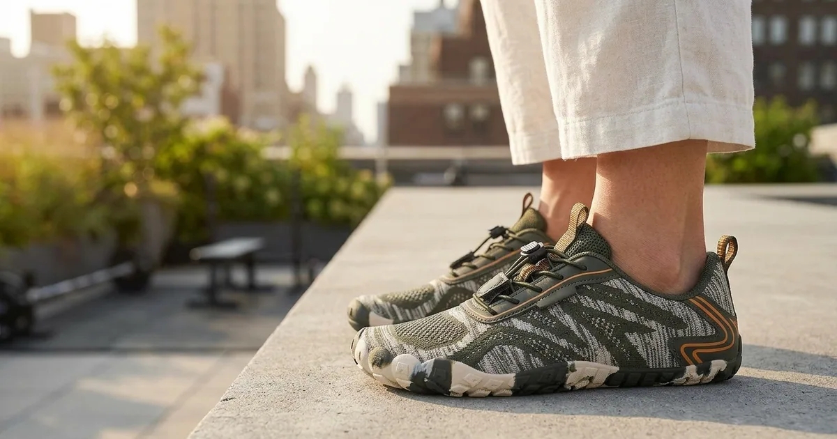 Zapatillas barefoot Saguaro Active II Pro de Saguaro, con puntera ancha y suela plana de 4 mm, en una calle a la luz del día.