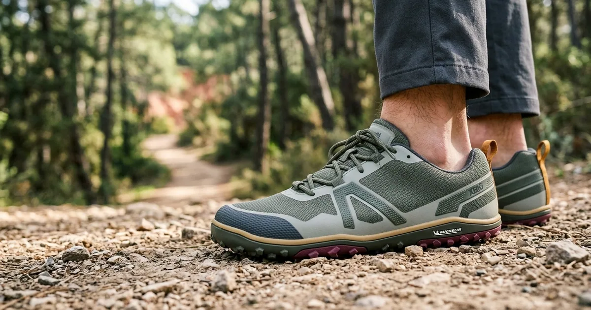 Zapatilla barefoot de trail sobre tierra y piedras