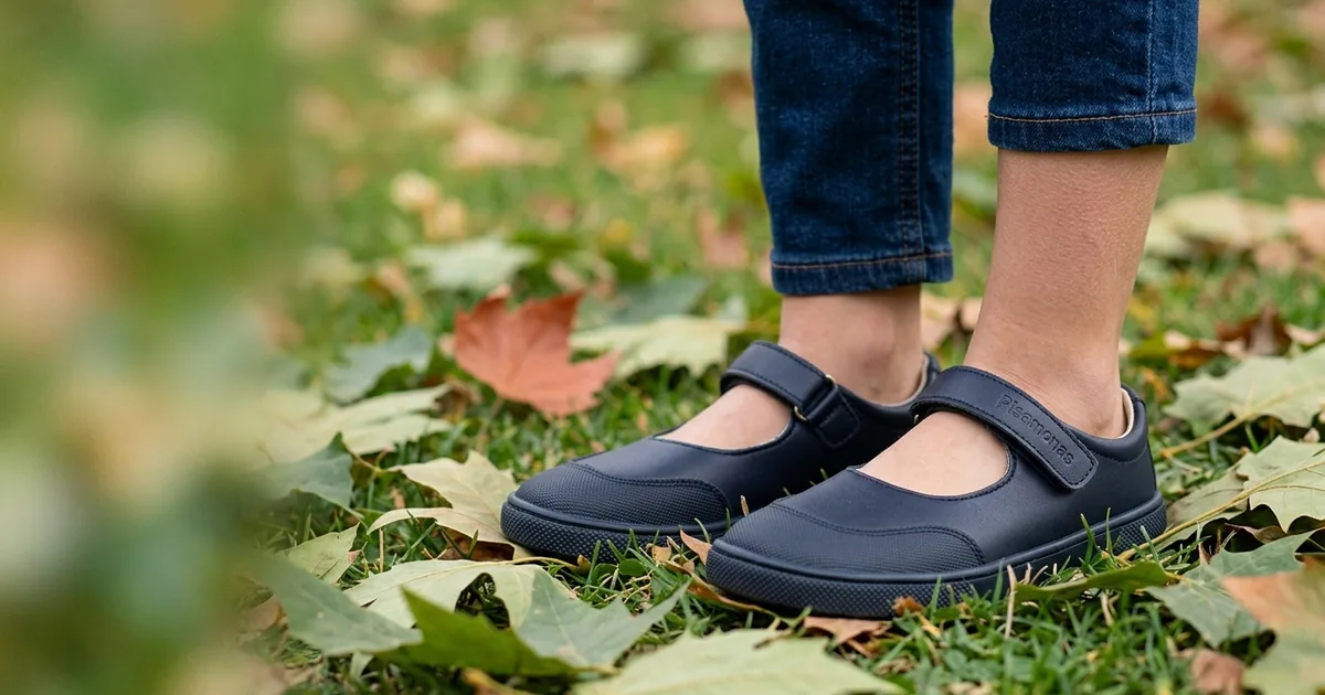 Zapatillas barefoot Pisamonas Mercedita Colegial de Pisamonas, con puntera ancha y suela plana y flexible, en una calle a la luz del día.