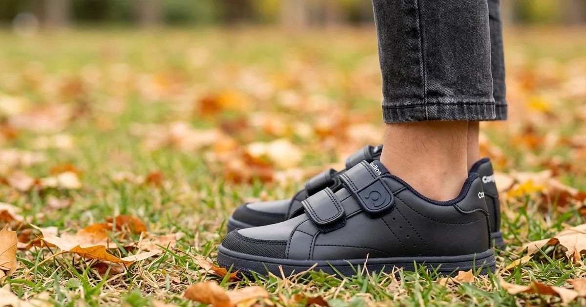 Zapatillas barefoot Conguitos Deportiva Respetuosa de Conguitos, con puntera ancha y suela plana y flexible, en una calle a la luz del día.