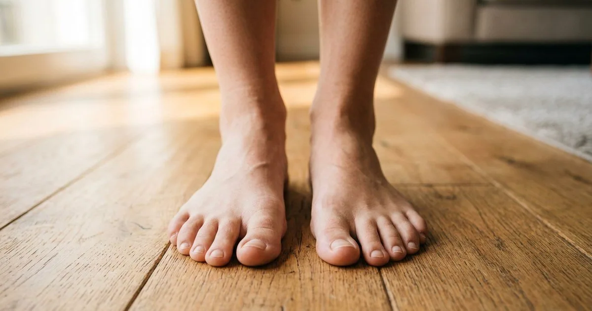 Pies descalzos con los dedos separados de forma natural sobre suelo de madera, ilustrando el espacio que necesita el antepié para prevenir juanetes