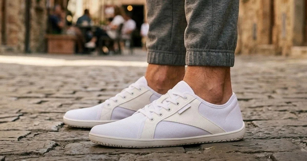 Persona de pie con las Saguaro Luck I blancas puestas, sneaker barefoot completo a la vista.