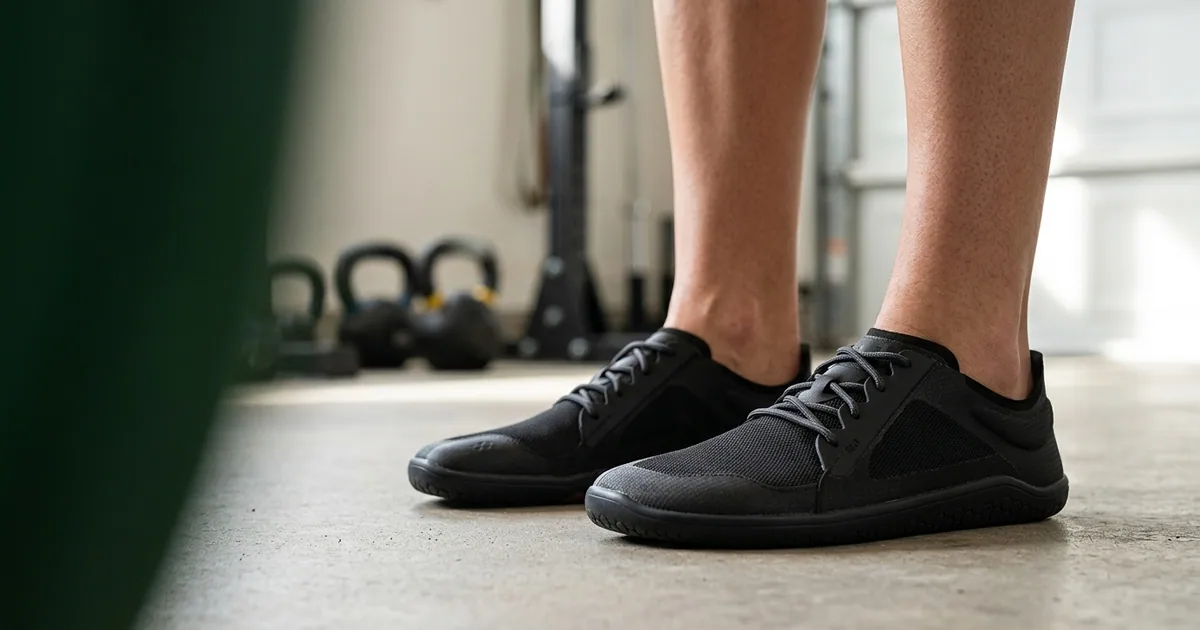 Zapatillas barefoot Vivobarefoot Primus Lite IV de Vivobarefoot, con puntera ancha y suela plana de 3 mm, en una calle a la luz del día.