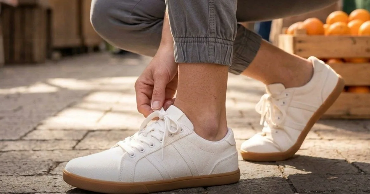 Persona atándose el cordón de las Xero Dillon Canvas, las dos zapatillas blancas completas a la vista, mercado de fondo.