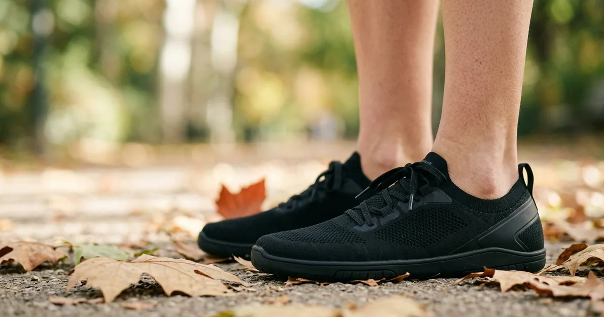 Zapatillas barefoot Xero Nexus Knit de Xero Shoes, con puntera ancha y suela plana de 5.5 mm, en una calle a la luz del día.