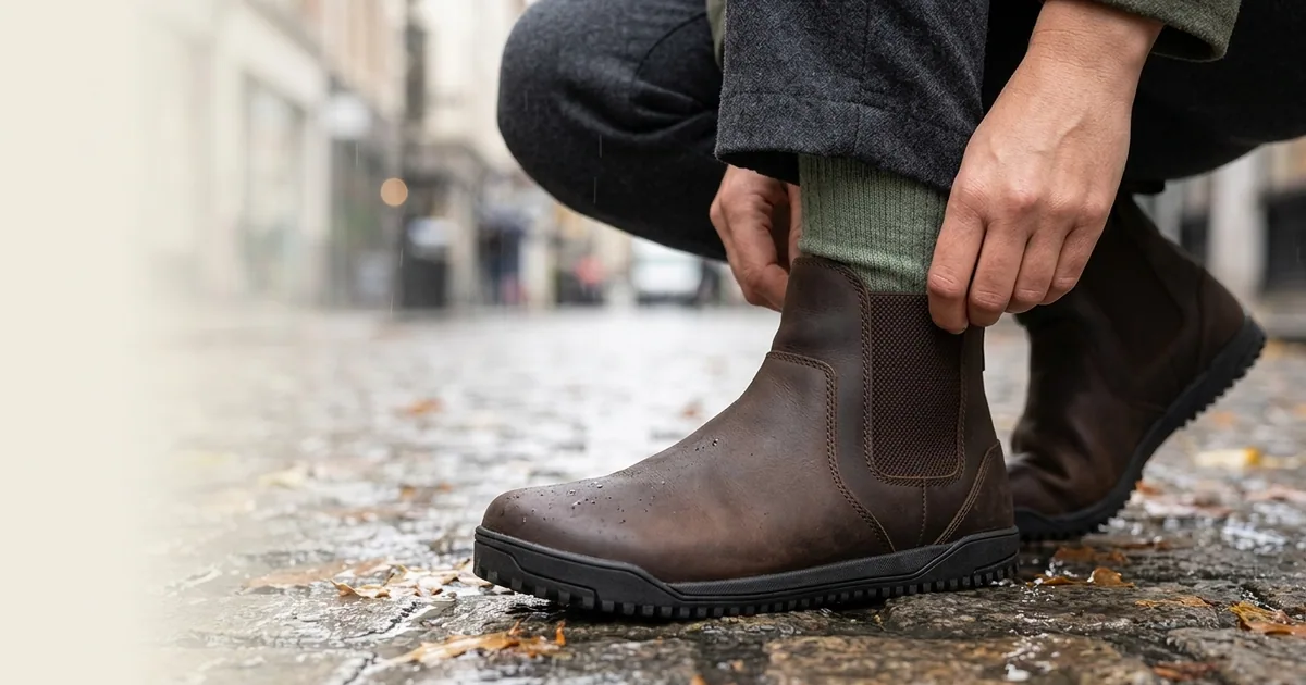 Zapatillas barefoot Xero Ridgeway Chelsea de Xero Shoes, con puntera ancha y suela plana de 6 mm, en una calle a la luz del día.